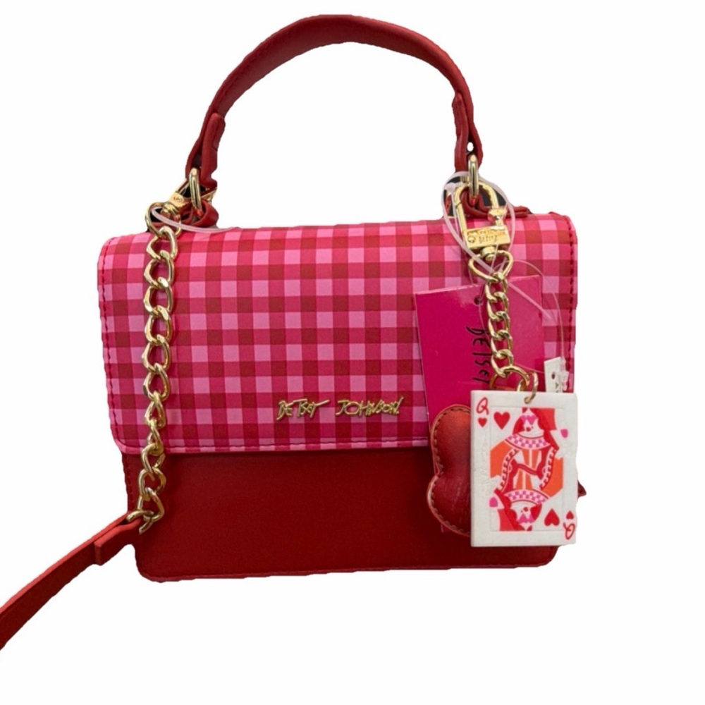 Betsey Johnson Pink and Red Checkered Queen of Hearts Crossbody Bag- NWT